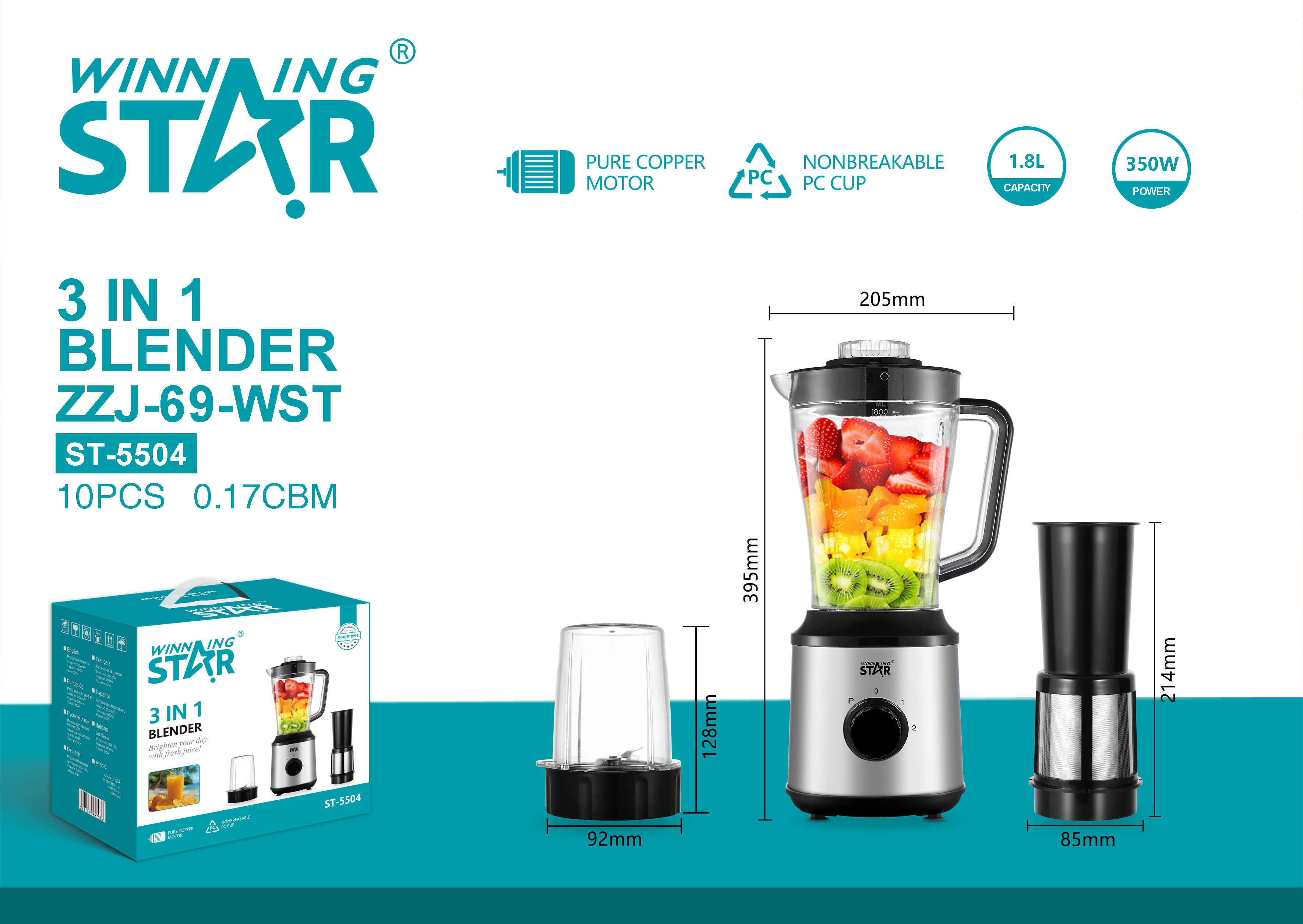 ST-5504 Stainless steel housing waterproof moisture proof 3 in 1 Fruit Juicer Blender
